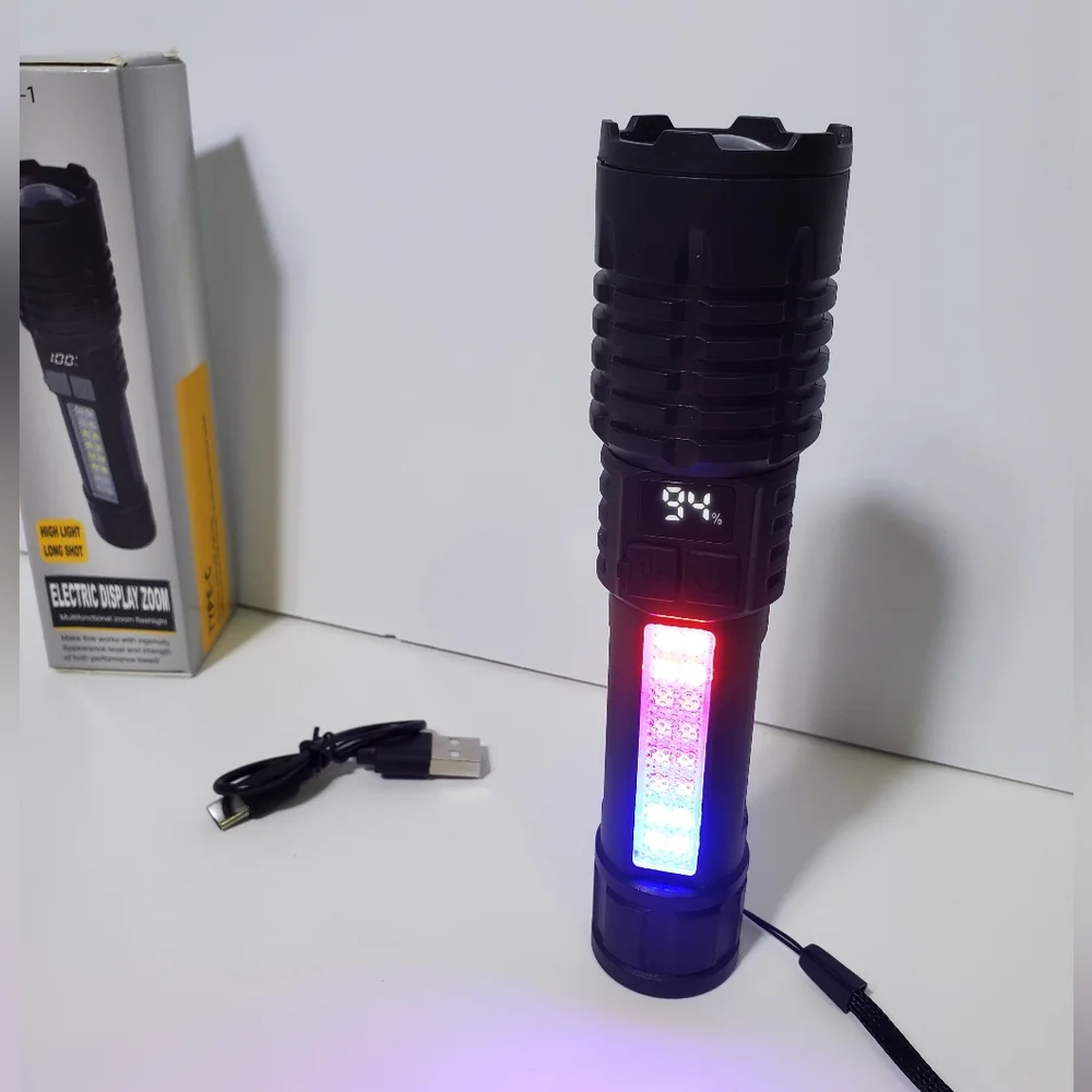 Rechargeable LED Multi-Function Zoom Digital Flashlight Side Work Outdoor Light
